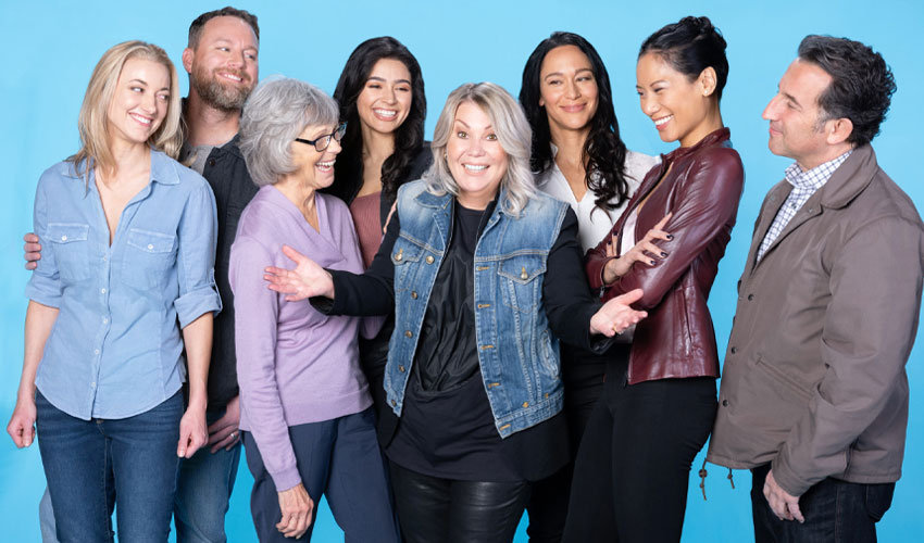 The cast of JANN, from left: Zoie Palmer, Patrick Gilmore, Deborah Grover, Alex Steele, Jann Arden, Sharon Taylor, Elena Juatco and Jason Blicker.