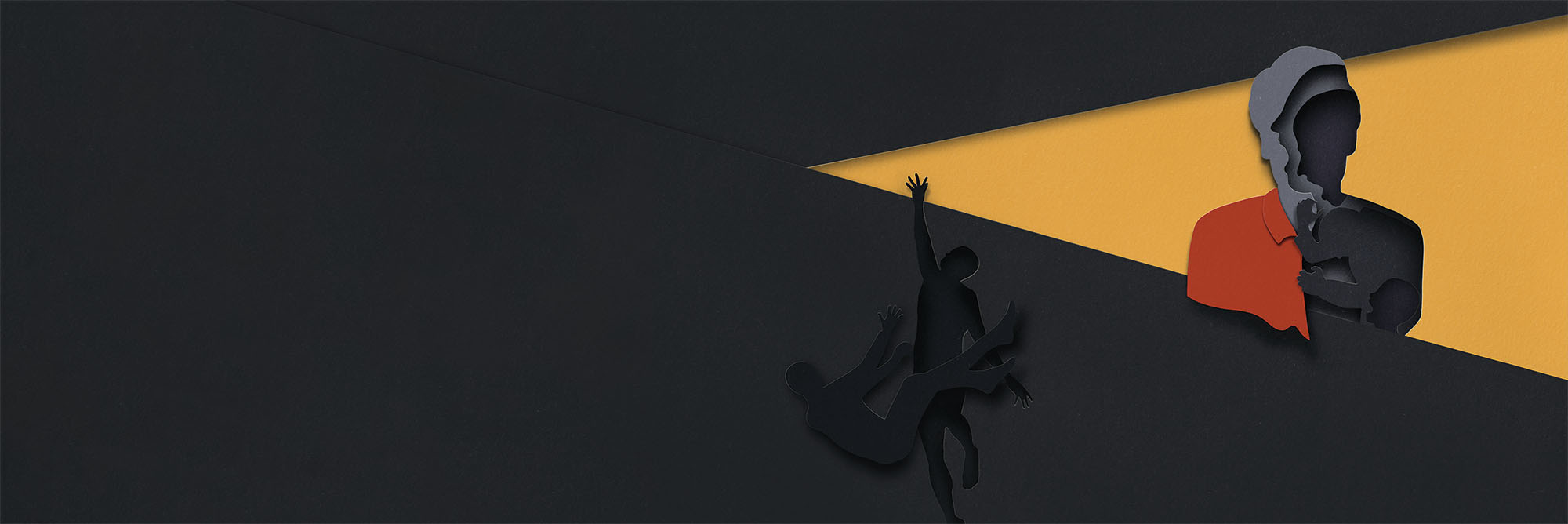 Layers of paper creating the silhouette of a person highlighted by a spotlight. A second figure cut out of paper is reaching up towards the person in the spotlight.
