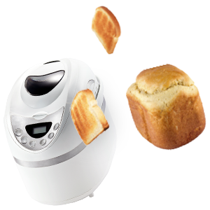 Bread machine with a loaf of bread and slices afloat
