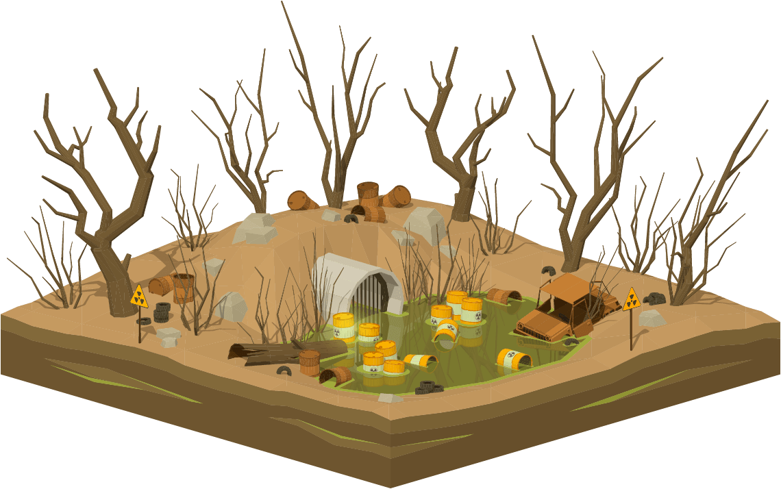 An isometric illustration of a dump site. There are dead trees, nuclear waste barrels, abandoned cars and a pool of sludge coming out of a drainage pipe.
