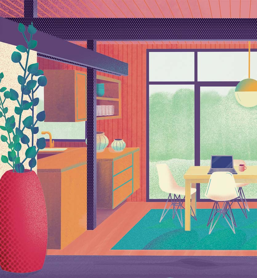 Colourful illustration of the inside of a house.