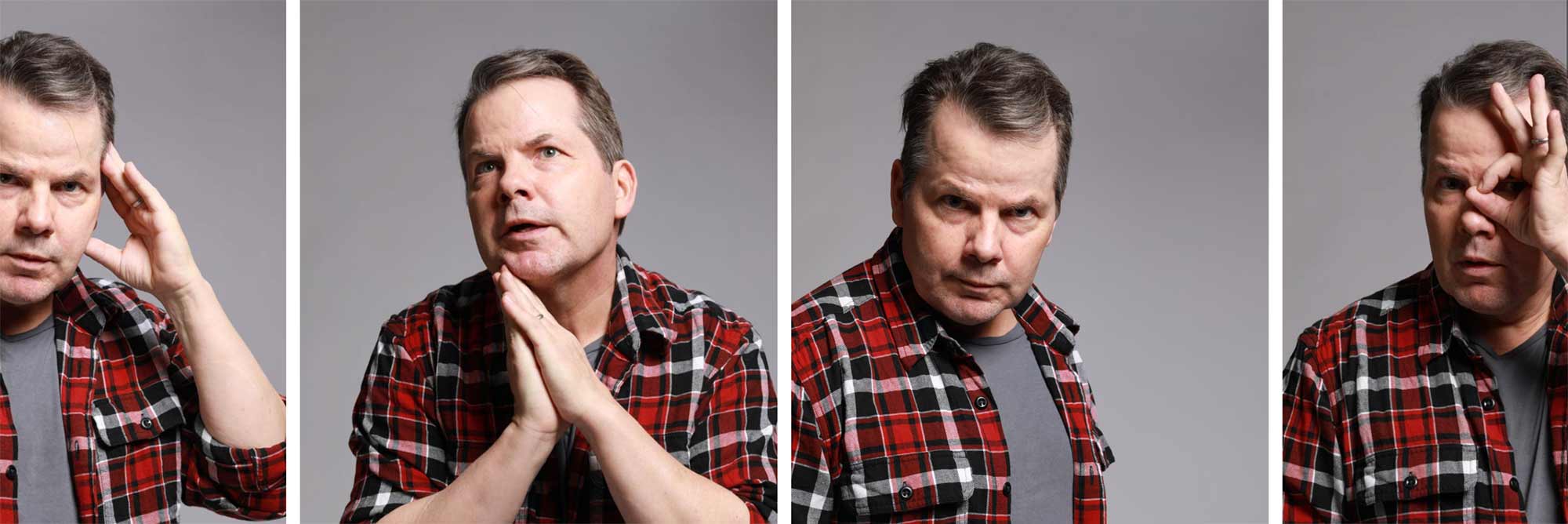 Photo of Bruce McCulloch with his hands pressed together as if in prayer. His chin rests gently against his hands.