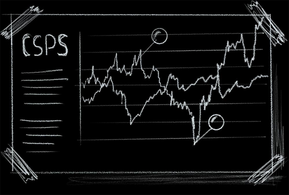 Sketch of a document that appears taped to the background with the letters CSPS and a large chart depicting stock trends.