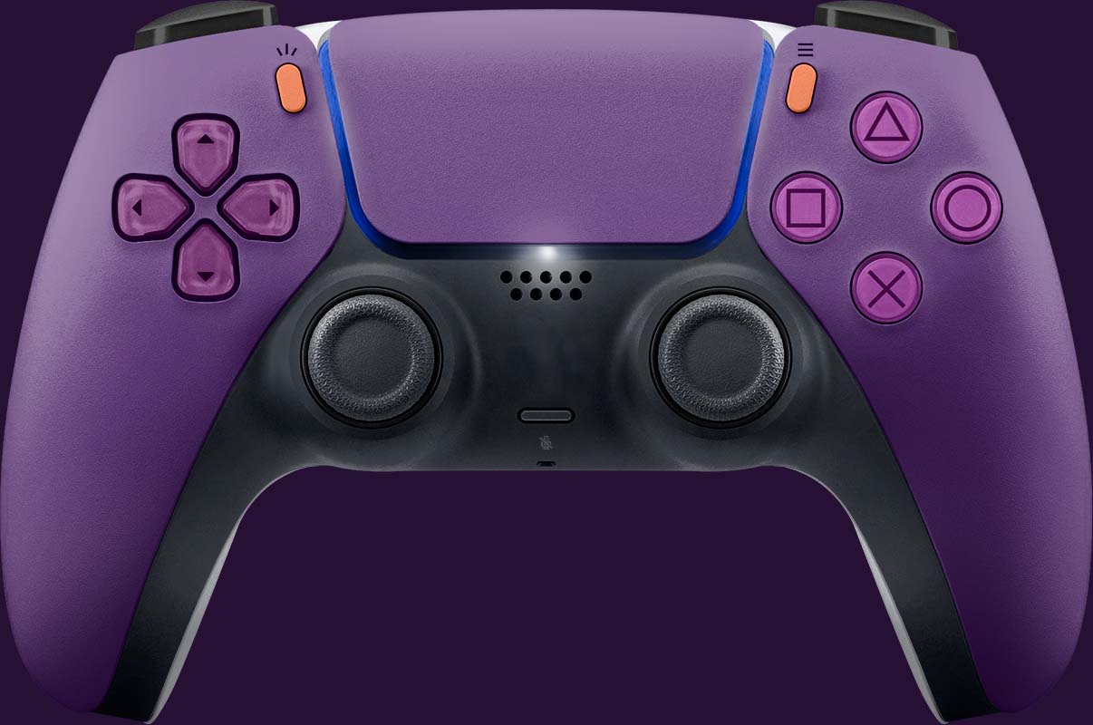 A top down photo of a purple PlayStation 5 controller