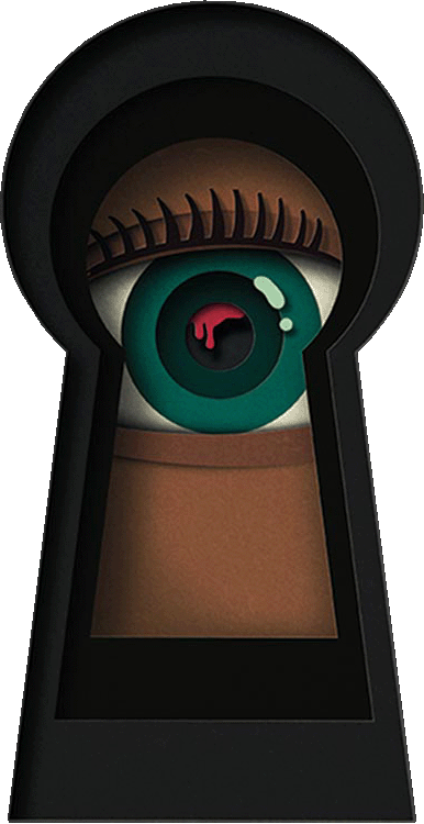 Illustration all made of layers of paper of an eye looking through a keyhole. There is blood dripping in the pupil.