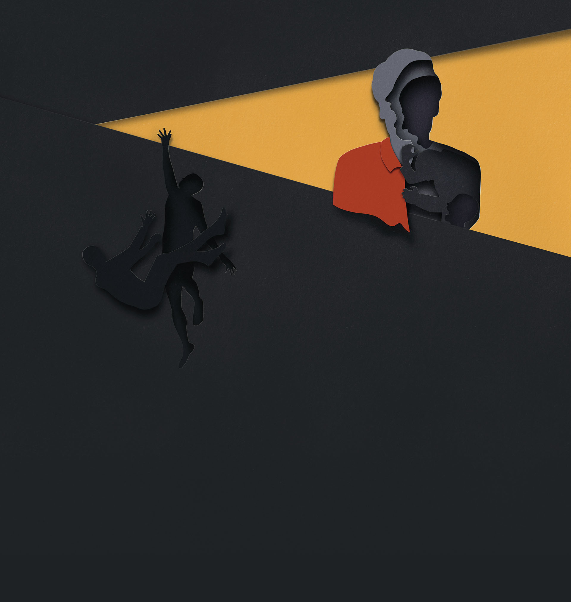 Layers of paper creating the silhouette of a person highlighted by a spotlight. A second figure cut out of paper is reaching up towards the person in the spotlight.