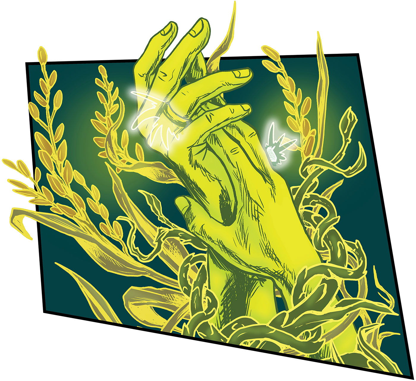 Graphic novel style drawing of two hands that appears to compelling a variety of vines and plants to grow around the hands and forearms