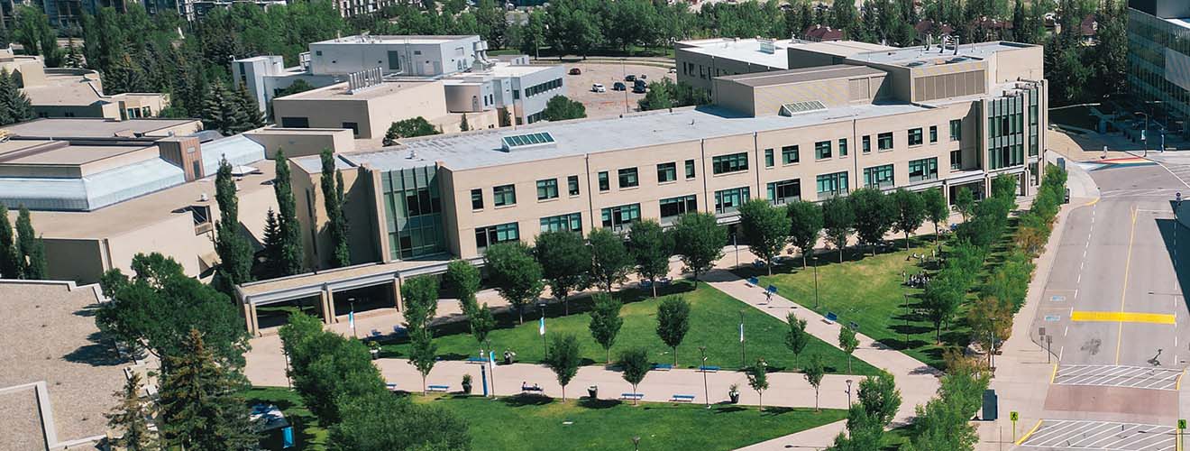 Low angle aerial shot of the East Gate lawn and the East Arts building. It's a peach coloured brick building with lots of angled cut outs.