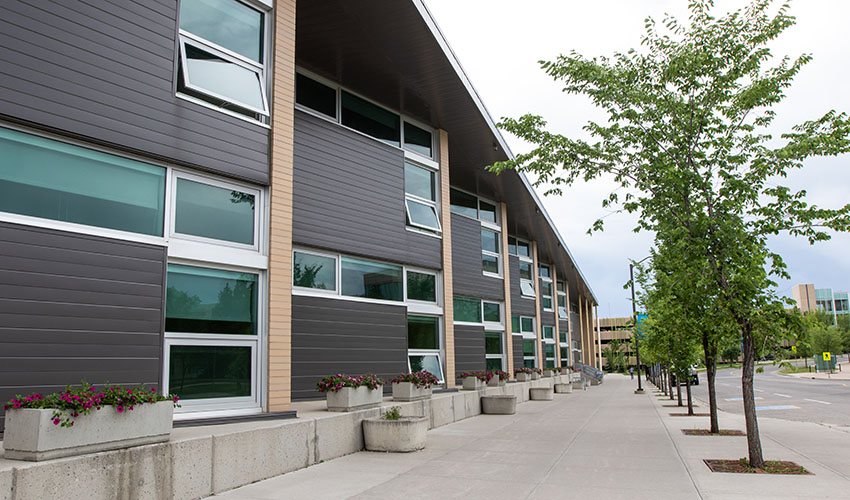 A building with a row of triangle cut outs. The walls are horizontal dark gray slats and metal framed windows. The path is lined with trees and flower boxes.