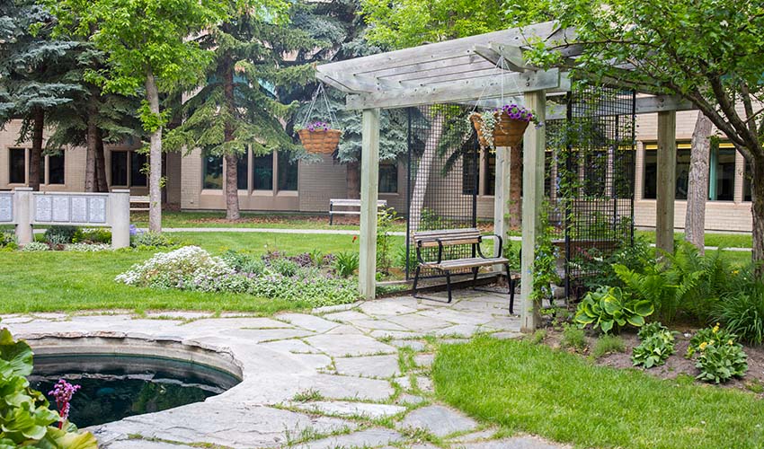 Photo of a garden with a covered bench surrounded by plants and trellises. There are stone pathways and a pond.