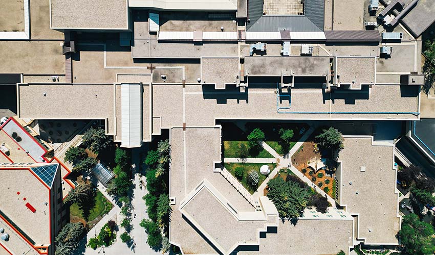 Aerial photo of the main building of the Lincoln Park campus.