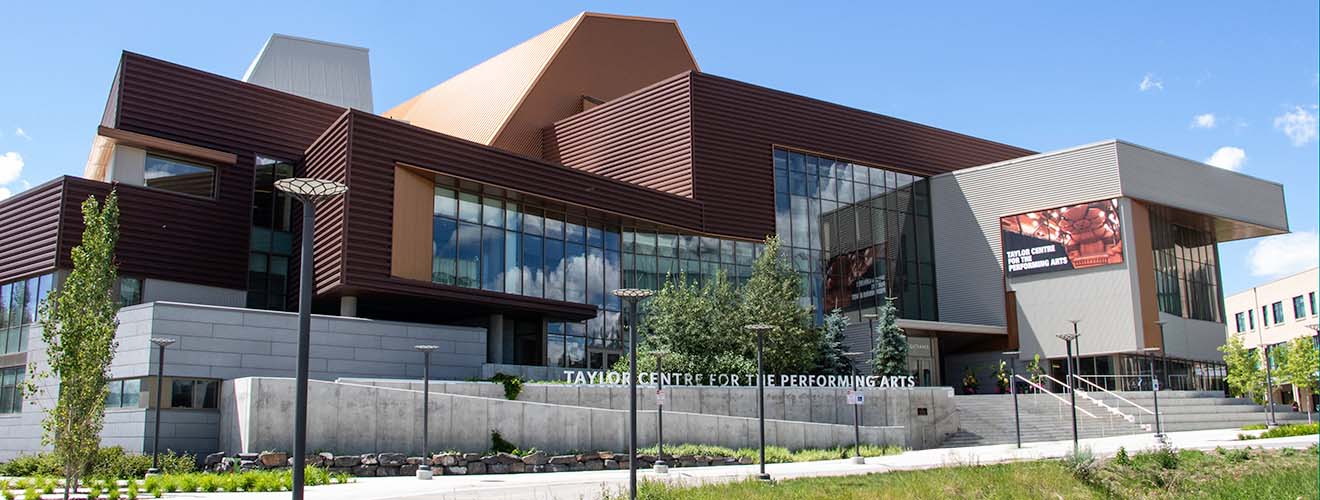 The front entrance to an angular building made of lots of copper sheeting and cement.