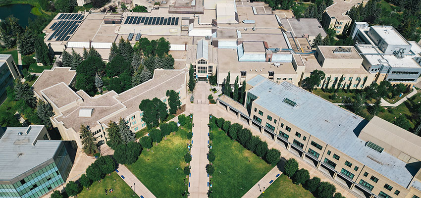 An aerial photo of the Mount Royal University campus.