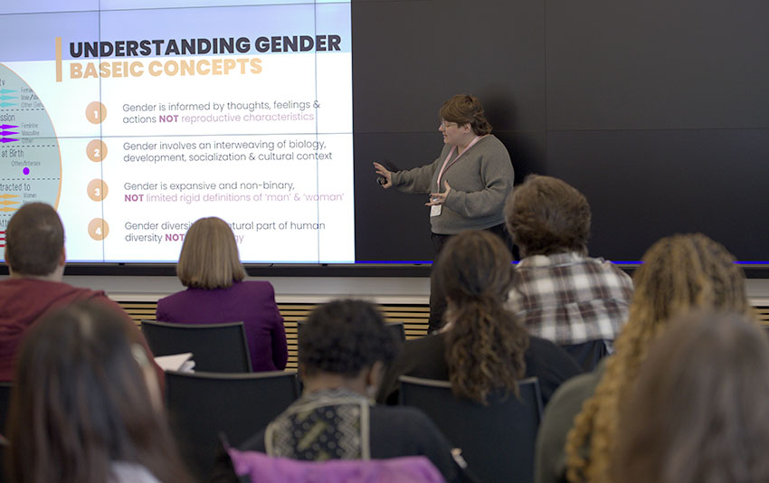 A person giving a presentation related to gender in the Riddell Library and Learning Centre.