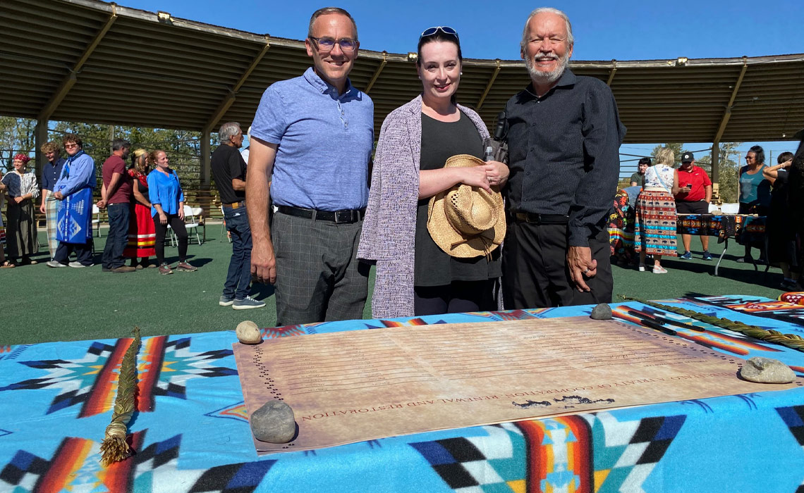 Chad London, provost and vice-president, Academic; John Fischer, interim associate vice-president of indigenization and decolonization; and Melanie Rogers, vice-president of University Advancement represented MRU at the signing ceremony.