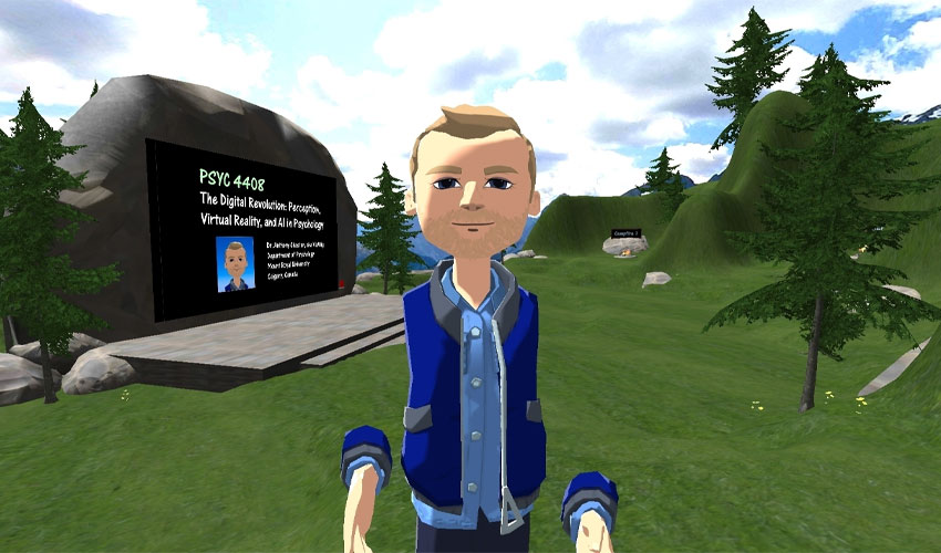 Associate Professor Tony Chaston, PhD, in worlds he created for his virtual reality psychology course.