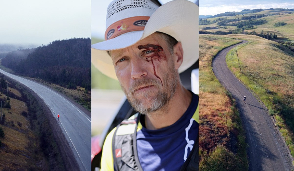 Three photos side by side. The first and last photos are landscape shots of Dave Proctor running on the road and the middle photo is Dave's face with a cut and blood above his eye.