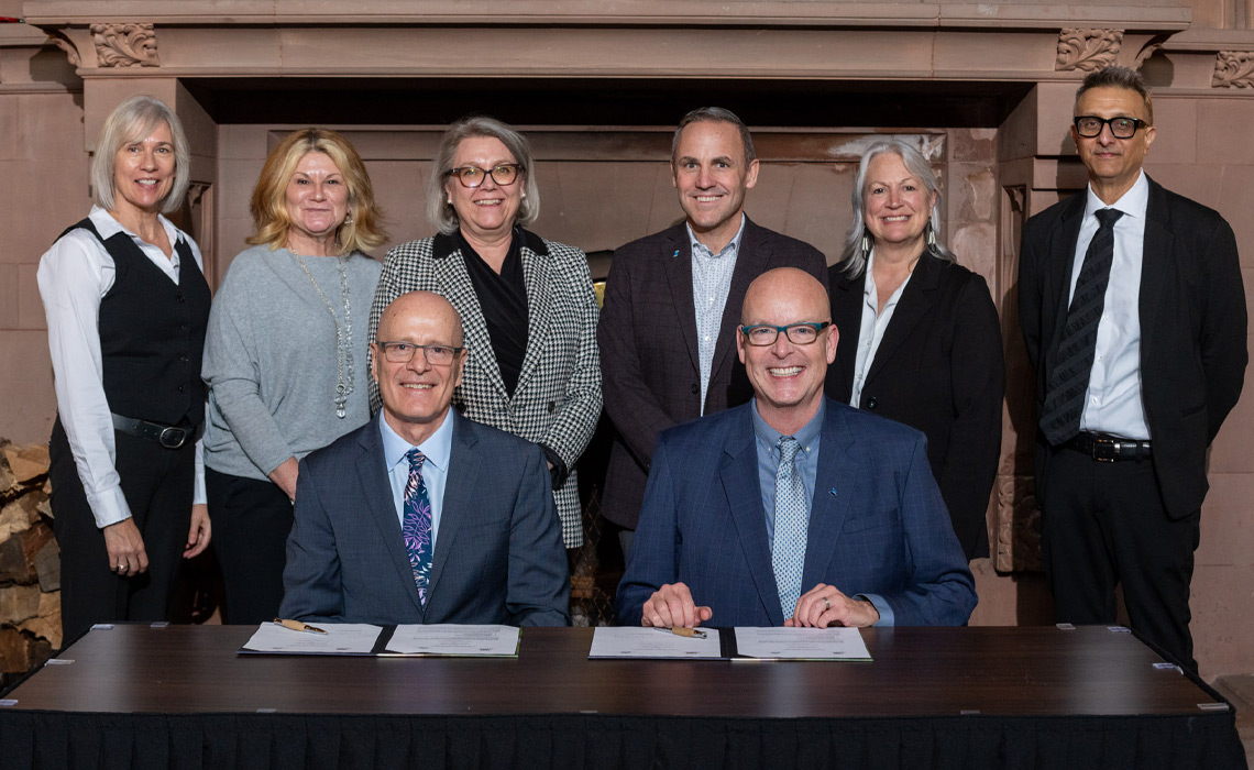 From left to right: Connie van der Byl, MRU’s associate vice-president of research, scholarship and community engagement; Tamara Leary, RRU’s associate vice-president of integrated academic planning; Veronica Thompson, RRU’s vice-president academic and provost; Chad London, MRU’s provost and vice-president academic; Roberta Mason, RRU’s vice-provost of student and academic services; and Karim Dharamsi