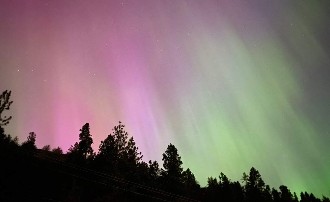 A vibrant aurora borealis dances in the night sky, casting colorful lights over a serene landscape of trees.