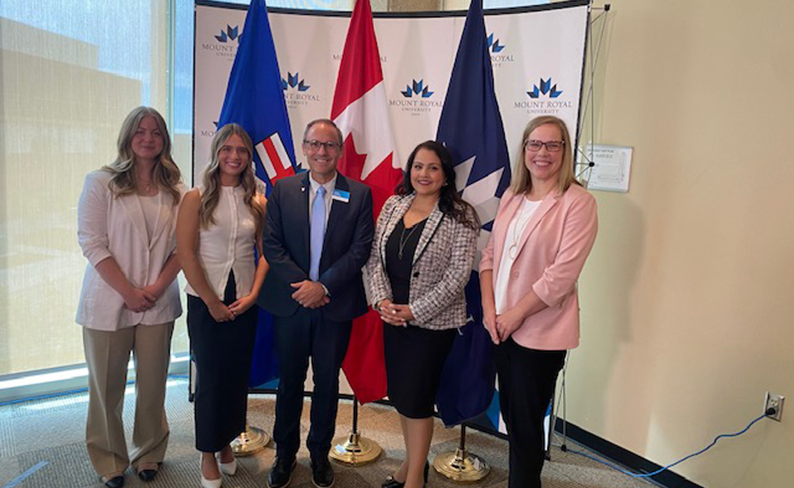 From left to right: Natalie McCallum, MRU Psychology alumna, Kaitlin Berlinguette, current student, Dr. Chad London, PhD, acting president and vice-chancellor, the Honourable Rajan Sawhney, Minister of Advanced Education, Dr. Vandess Sheane, president and chief executive officer of Northwestern Polytechnic.