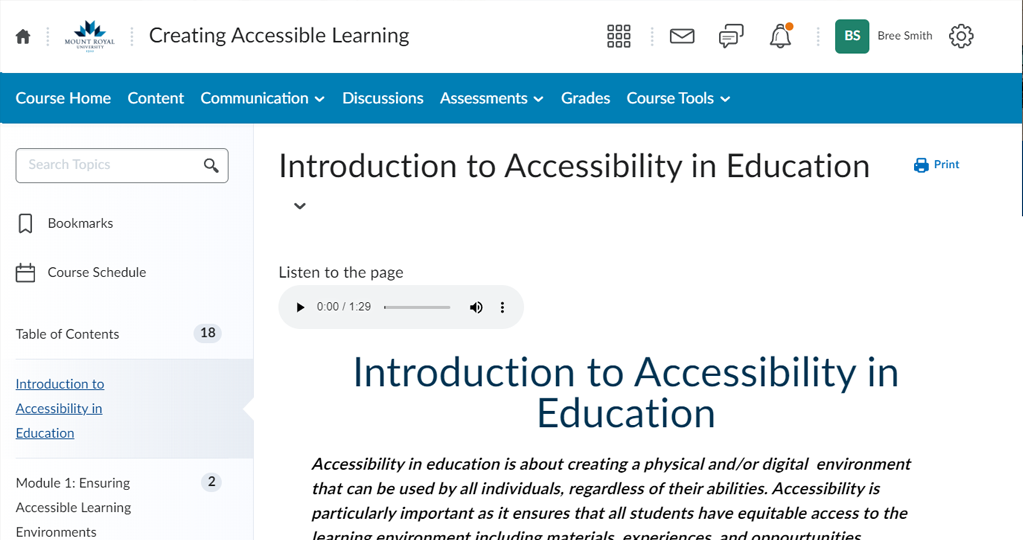 image of the D2L course shell for Creating Accessible Learning