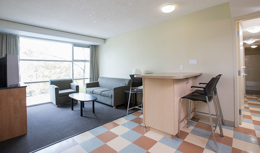 A living room with a kitchenette and a hallway to a bathroom.