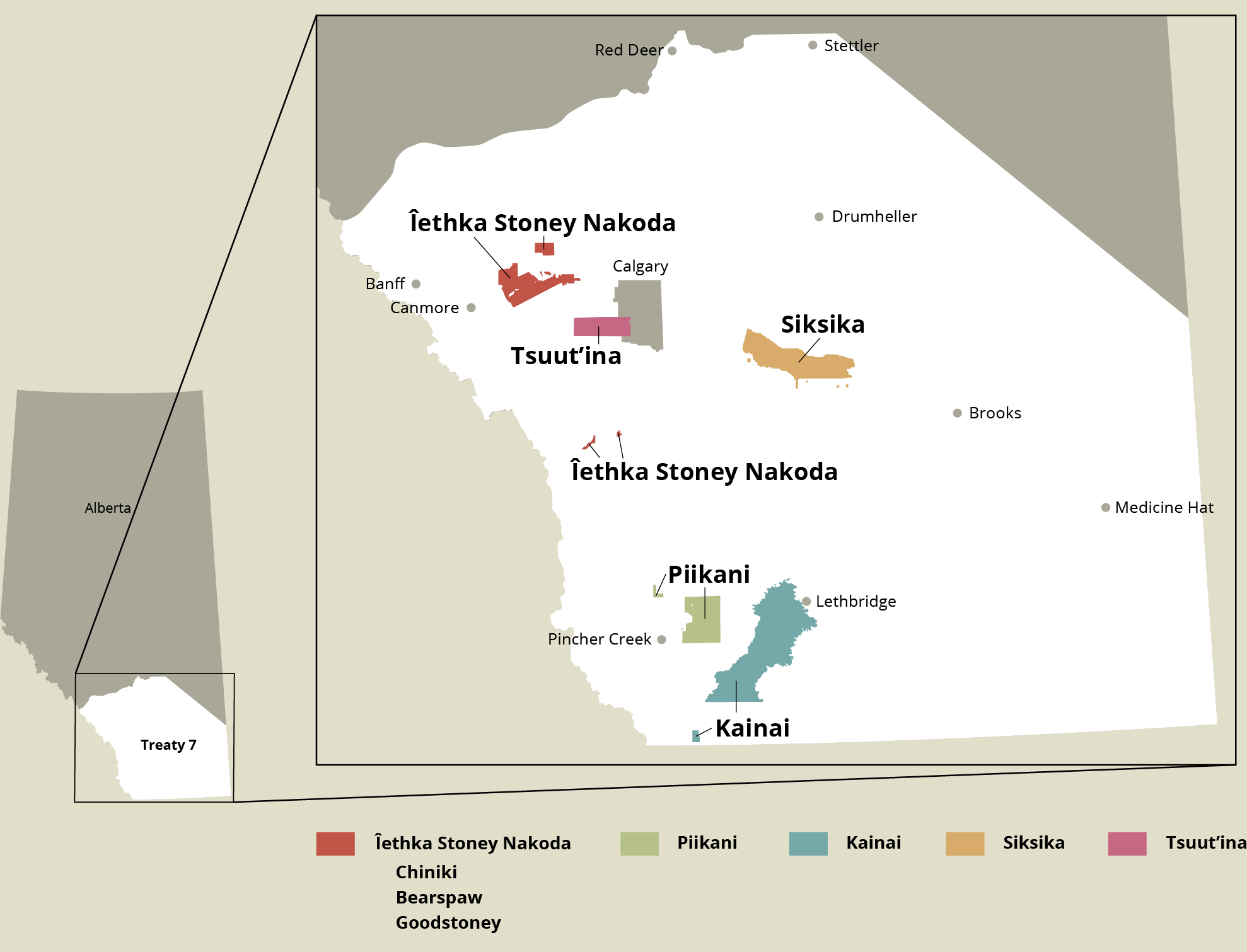 Map of Alberta showing the boundary of Treaty 7 lands and the locations of the reserved lands of each Nation.