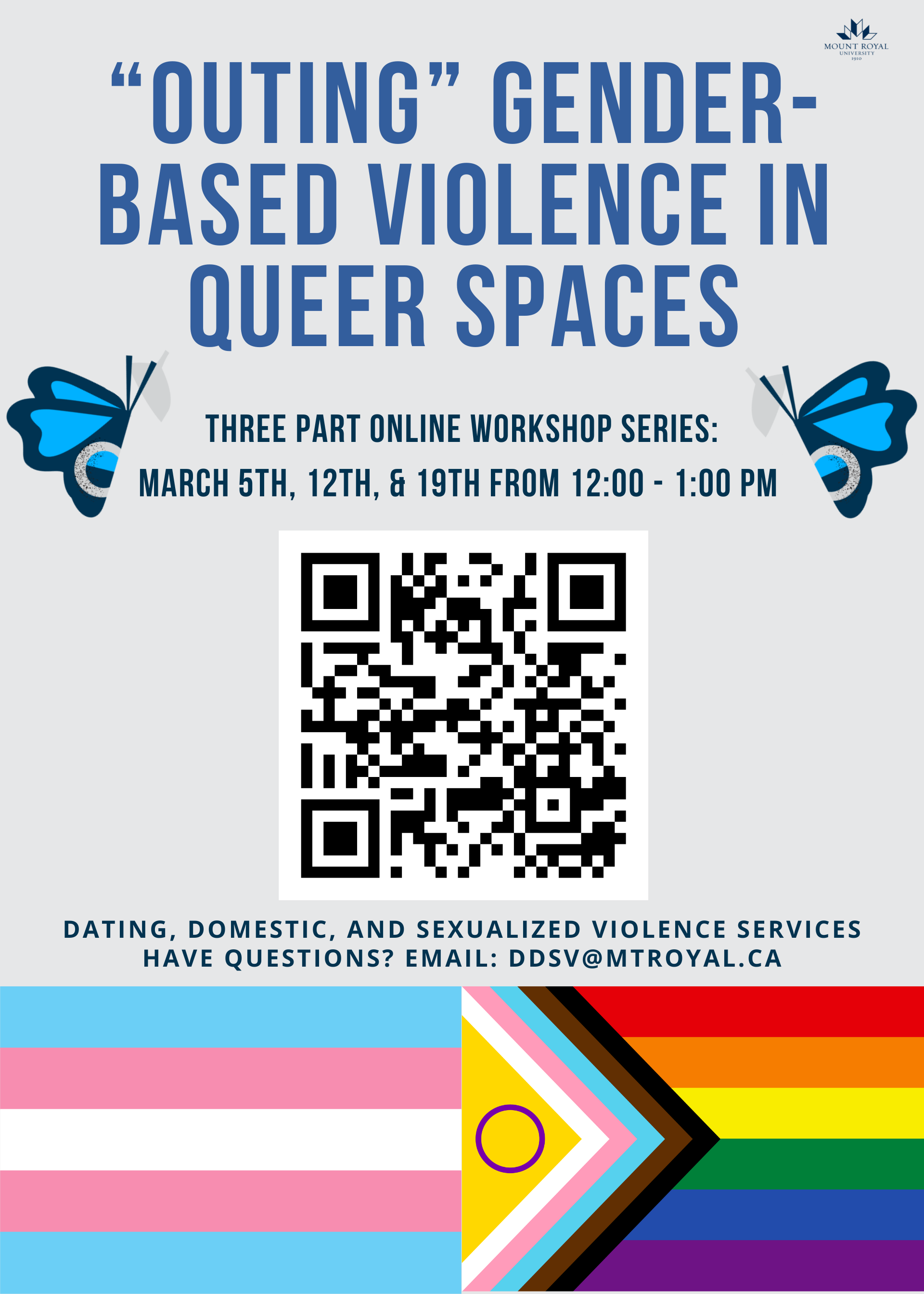 A poster describing a workshop series focused on gender-based violence in queer communities taking place in March 2025.