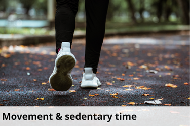 The image shows a close-up of a person's legs and feet as they walk on a path covered with scattered leaves, suggesting an outdoor setting, possibly a park. The person is wearing athletic shoes, and the image is captured from behind, focusing on their steps. The ground is slightly wet, indicating a recent rain. The image is captioned "Movement & sedentary time," emphasizing the importance of physical activity and possibly contrasting it with periods of inactivity. The setting and focus on walking suggest a promotion of regular movement as part of a healthy lifestyle.