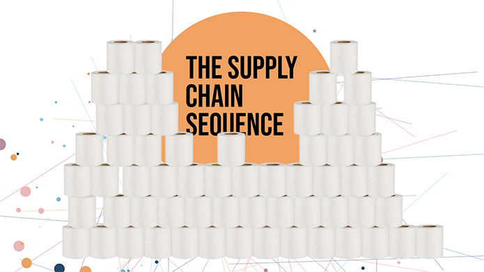 A pile of toilet paper roles in front of the words "The supply chain sequence"