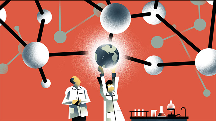 Illustration of two people in white lab coats looking at a globe