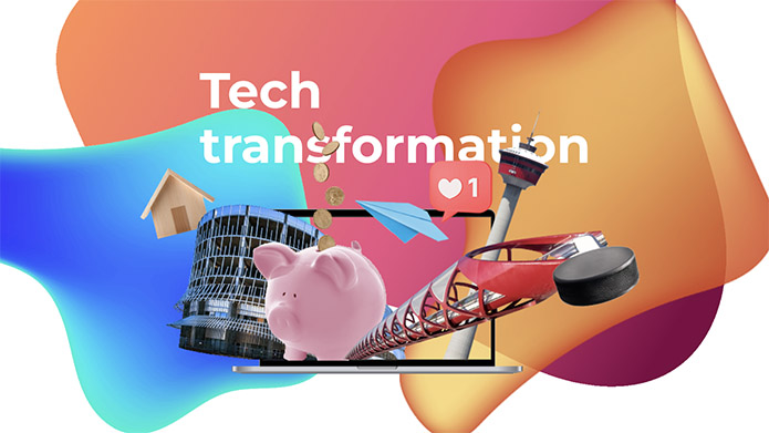 The words "Tech transformation" and a collage of cut out images inclhding a building, piggy bank and the Calgary Tower.
