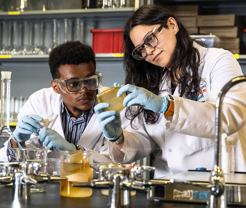 Chemistry alumnus Birhan Gezahegn and assistant professor Nausheen Sadiq, PhD, collaborating in a lab.