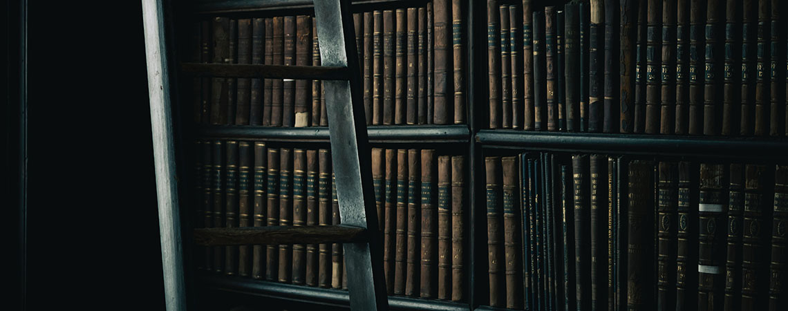 Shelves full of old books and a ladder of dark wood.