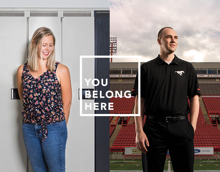 A photo split down the middle. On the left is Leah Gruenwald leaning against a set of lockers and on the right is Max Campbell standing the the Calgary Stampeder's stadium.